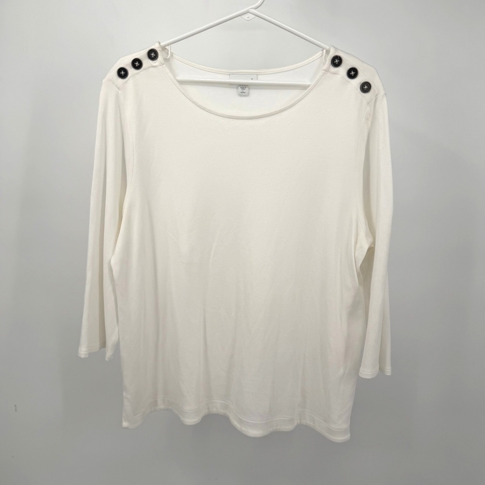 J. Jill Womens L Petite Top White Boat Neck Button Shoulder 3/4 Sleeve Cotton